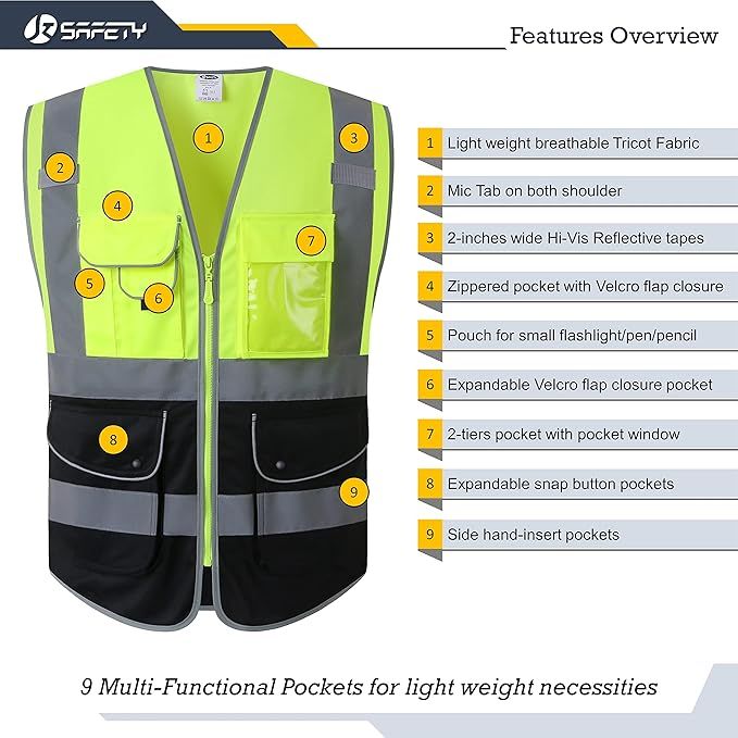 9 Pockets High Visible Reflective Safety Vest Zipper Front Breathable